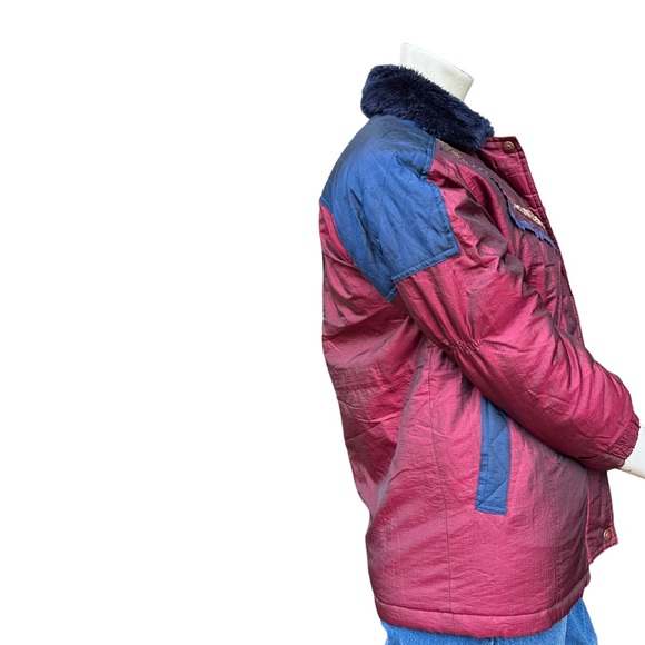 Vintage 90s Maroon & Navy Quilted Puffer Jacket with Faux Fur Trim Size 10 - Picture 7 of 11